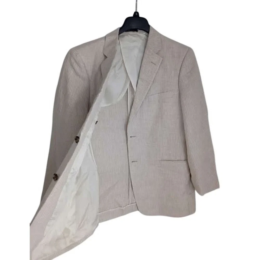 John W Nordstrom‎ Beige Herringbone Stripe 100% Linen Sport Coat Blazer 42R $395